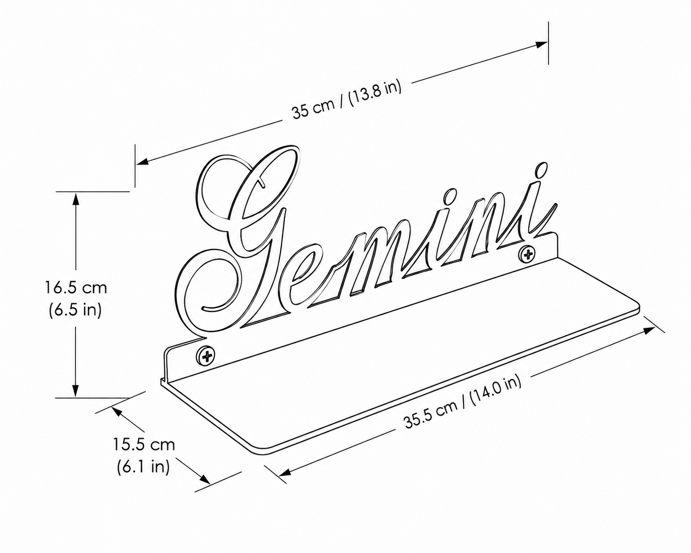 Gemini personalized steel name sign technical drawing with dimensions