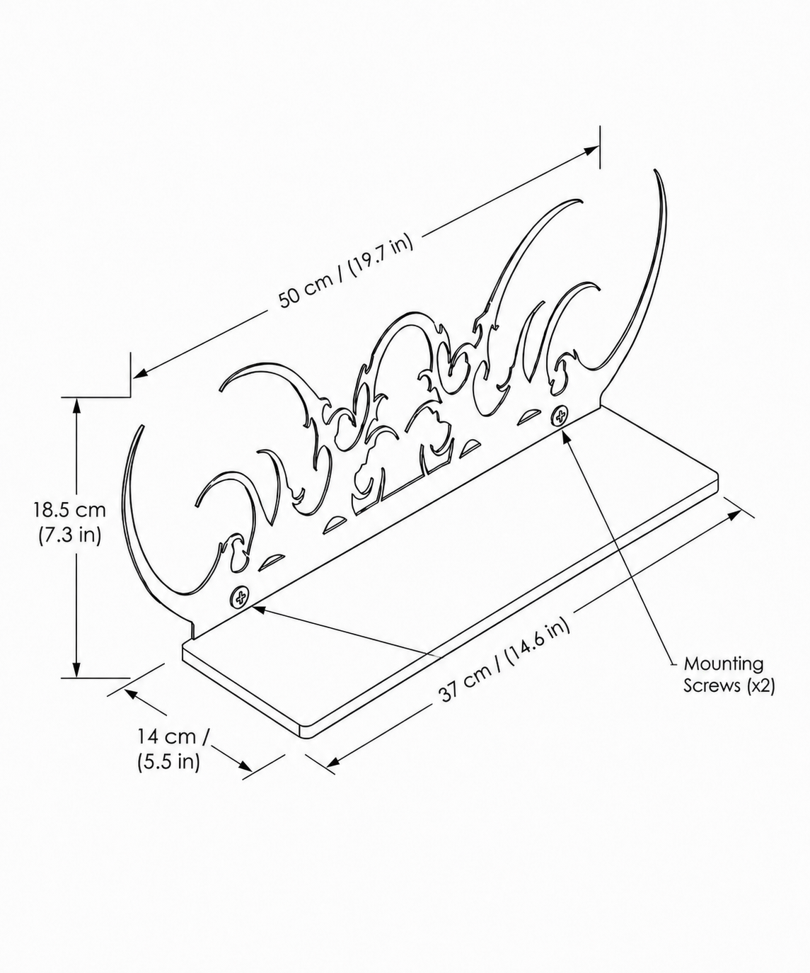 Mirror-polished tribal wall shelf technical drawing with 50 cm dimensions