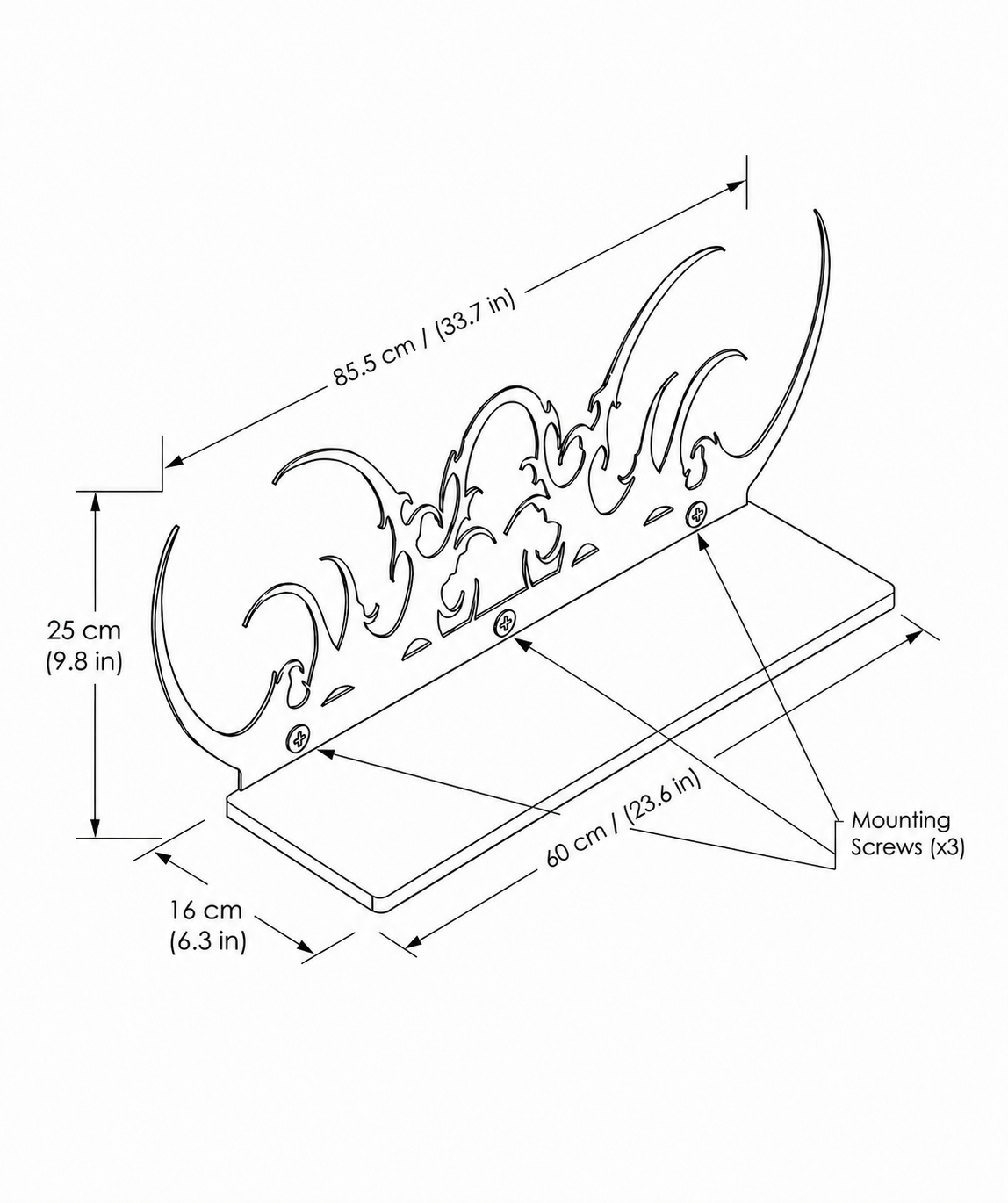 Large tribal stainless steel wall shelf technical drawing with 85.5 cm dimensions